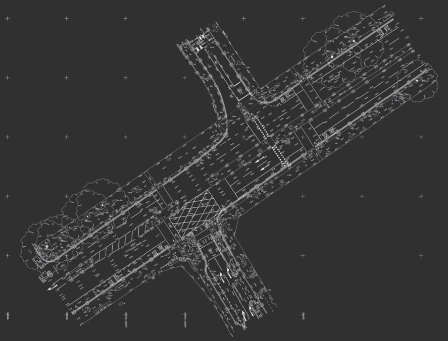 CAD drawing of a highway topographical survey at a road junction